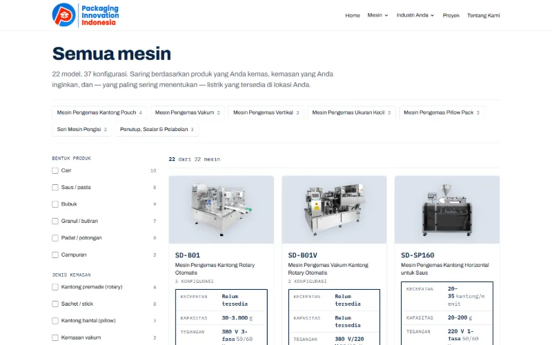 Katalog Paknova di laptop: filter samping dengan jumlah hasil dan kartu mesin bertabel spesifikasi