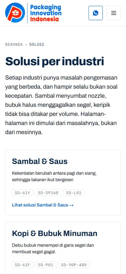Tampilan HP halaman Solusi per industri Paknova: kartu Sambal & Saus berisi masalah dan rekomendasi mesin
