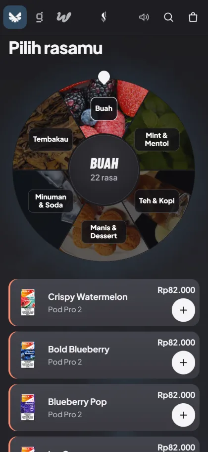 Tampilan HP roda rasa VAPE INC: enam potongan berfoto, yaitu Buah, Mint & Mentol, Teh & Kopi, Manis & Dessert, Minuman & Soda, dan Tembakau, dengan daftar rasa di bawahnya